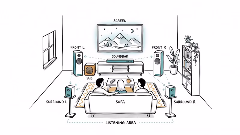 Living room with speakers positioned around sofa showing optimal placement for audio