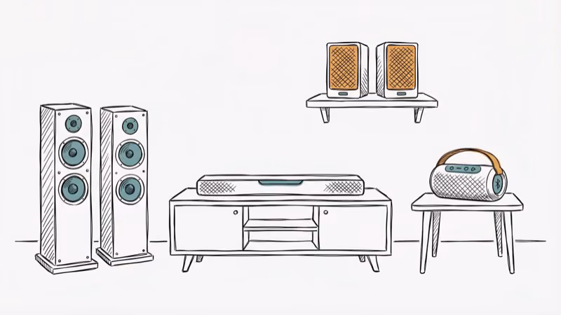 Different speaker types in a room including floorstanding bookshelf portable and soundbar