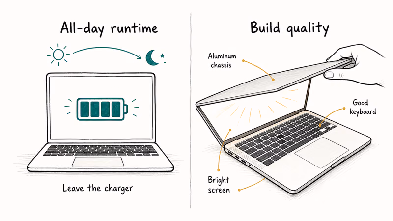 A laptop with all-day battery beside a sturdy aluminum chassis, keyboard, and bright screen.