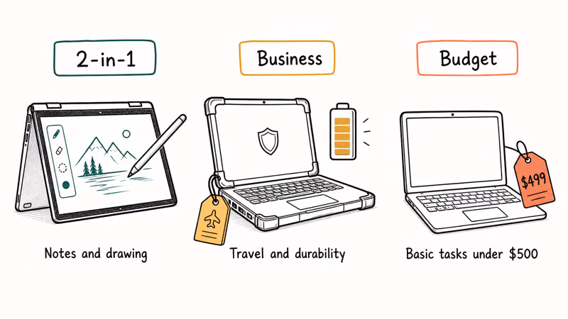 Three laptop form factors shown as 2-in-1, business, and budget with their best use cases.