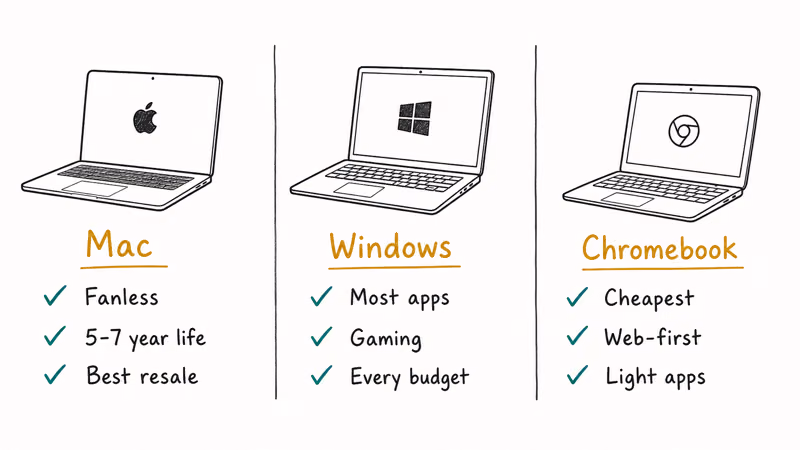 Three laptops compared as Mac, Windows, and Chromebook with their key strengths labeled.