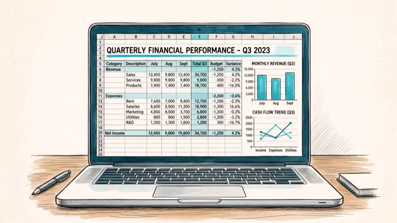 Laptop displaying large Excel spreadsheet with accounting data and pivot tables