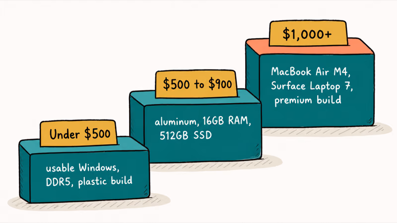 Three ascending laptop budget tiers for students from under 500 dollars to premium picks