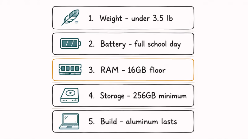Checklist of laptop buying priorities for students: weight, battery, RAM, storage, and build quality