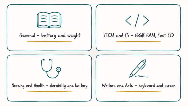 Four cards pairing college major groups with their recommended laptop priorities and minimum specs