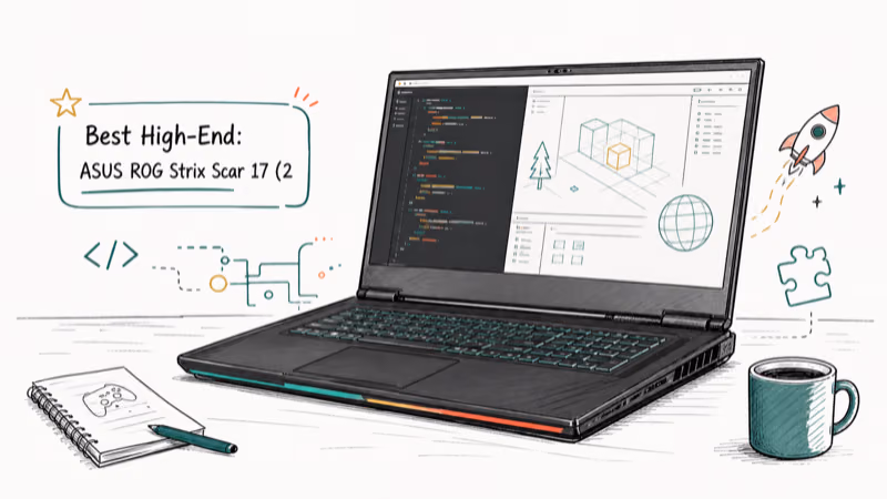 Hand-drawn illustration: Best High-End: ASUS ROG Strix Scar 17 (2023)