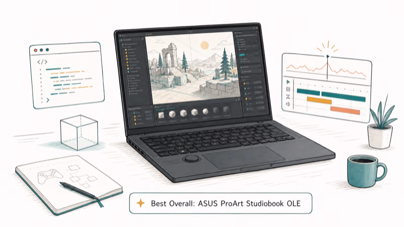 Hand-drawn illustration: Best Overall: ASUS ProArt Studiobook OLED (H7604)