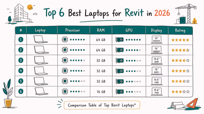 Hand-drawn illustration: **Comparison Table of Top Revit Laptops**