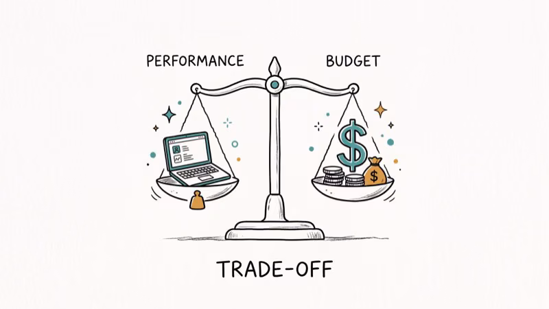 Balance scale with laptop and dollar sign showing budget versus performance trade-off