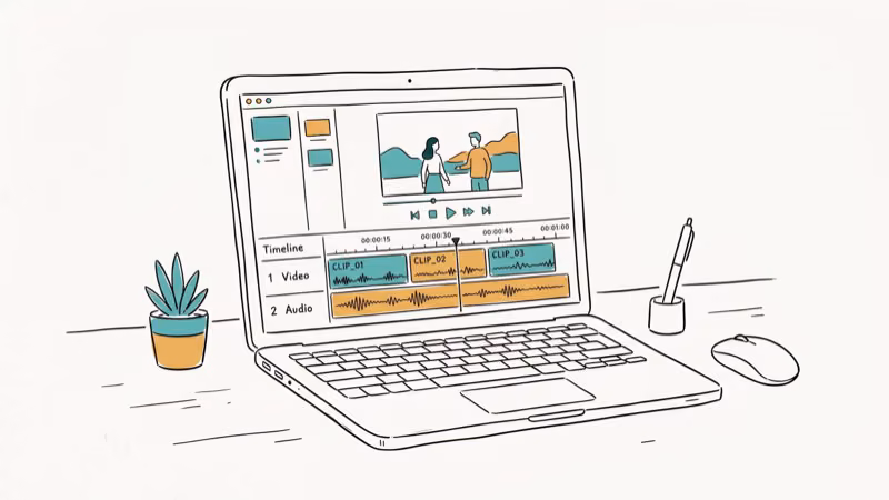 Laptop displaying video editing timeline with playback controls and multiple tracks