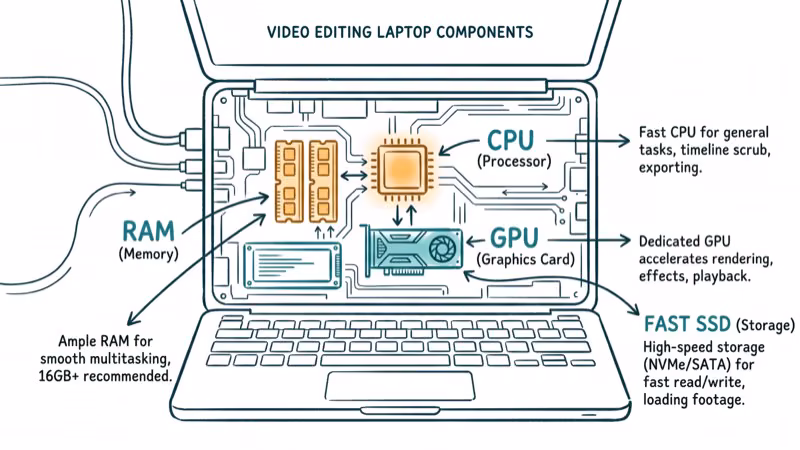 Laptop internal components showing CPU GPU RAM and SSD for video editing performance