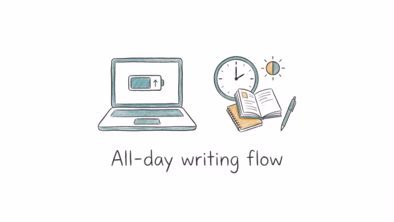 Laptop battery icon showing long battery life with clock for all-day writing