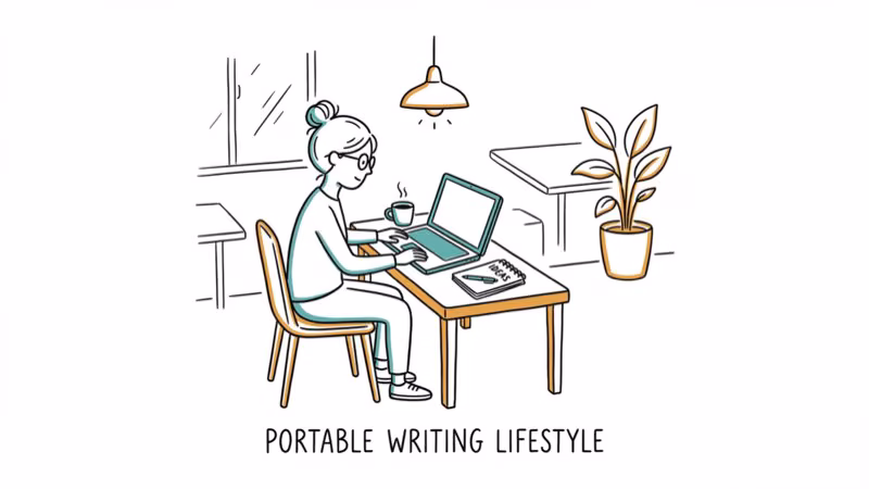 Writer at a cafe desk with lightweight laptop coffee cup and notebook