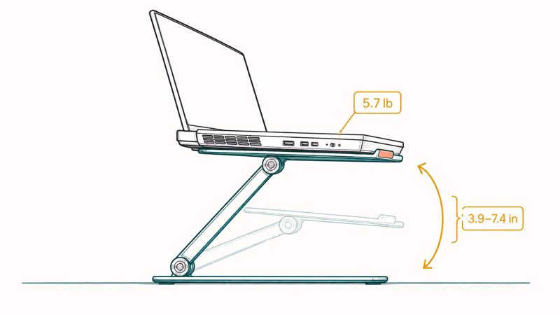 Articulated aluminum stand holding a heavy gaming laptop with an arrow showing adjustable height range.
