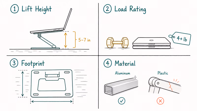 Four-quadrant guide showing lift height load rating footprint and material when choosing a laptop stand.
