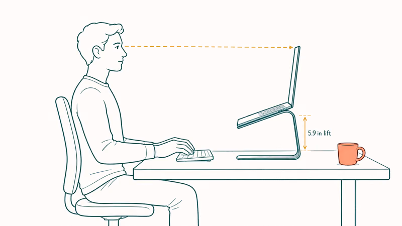 Seated user at desk views laptop screen lifted to eye level on a single piece aluminum stand.