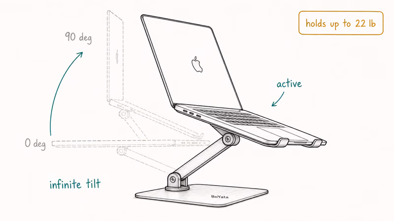 BoYata articulated stand showing zero to ninety degree tilt range holding sixteen-inch MacBook Pro