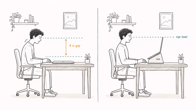 Side view diagram showing four inch eye-level gap between MacBook screen and natural eye height