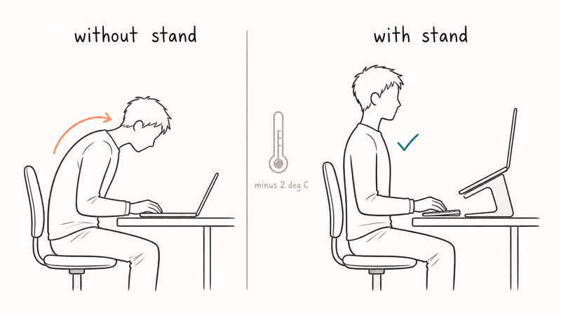Side by side comparison of hunched posture without stand versus upright posture with laptop stand