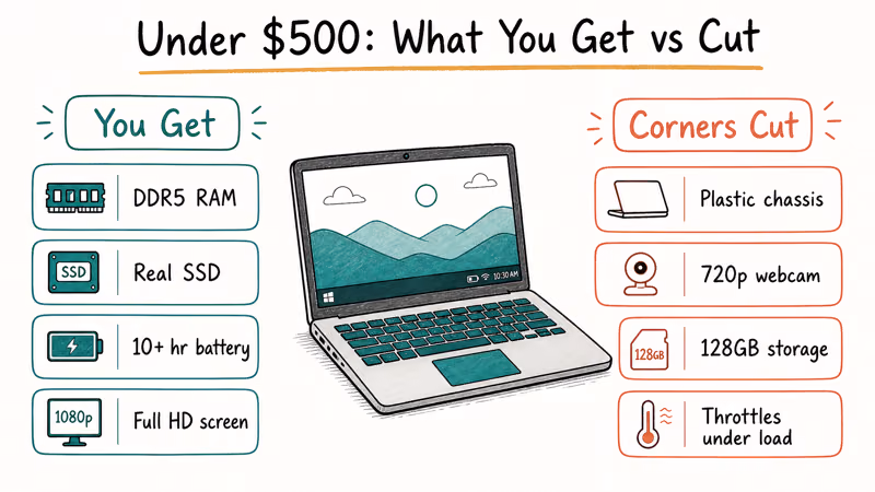 Budget laptop showing included DDR5 RAM and SSD beside flagged plastic build compromises