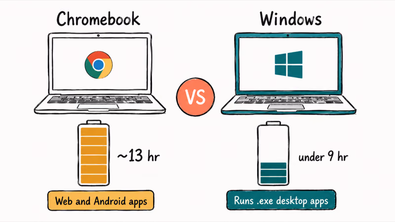 Chromebook and Windows laptop side by side comparing battery life and software support