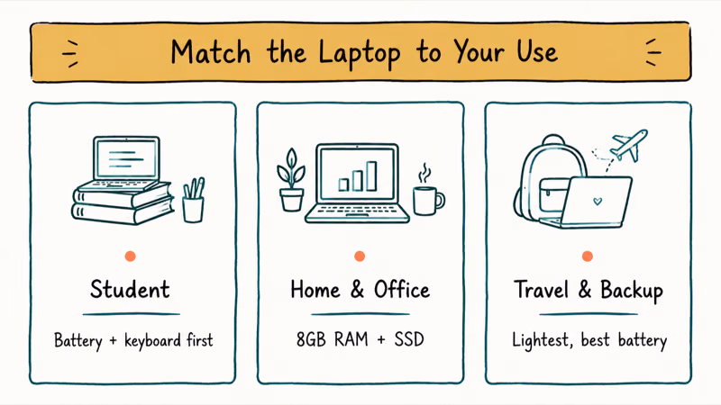 Three budget laptops matched to student home office and travel use cases