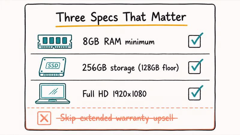 Checklist highlighting eight gigabytes RAM full HD screen and storage minimums for budget laptops