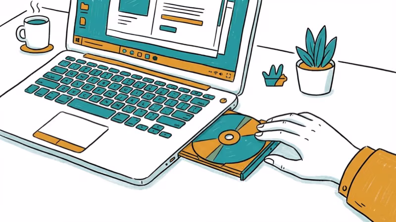 Laptop with optical DVD drive tray open showing disc being inserted