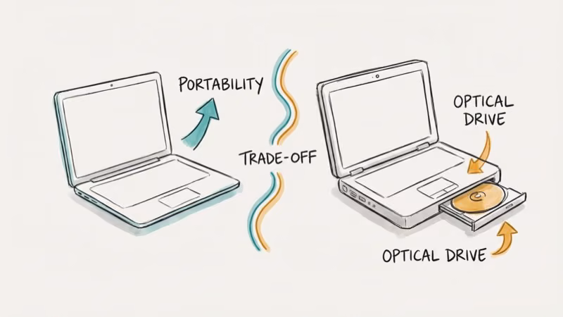 Thin modern laptop next to thicker laptop with DVD drive showing portability trade-off