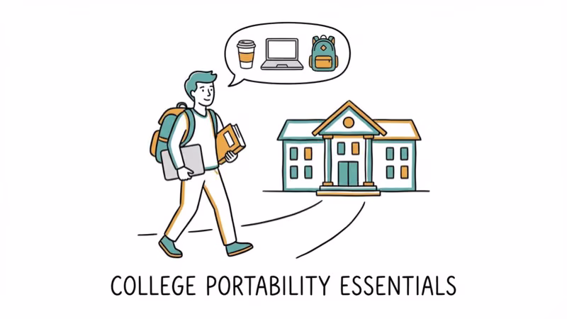 Student carrying laptop in backpack walking to campus with books