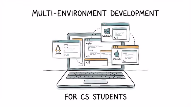 Laptop with virtual machine windows running different operating systems for development