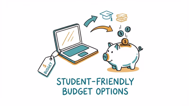 Budget-friendly laptop with price tag and piggy bank showing affordable options