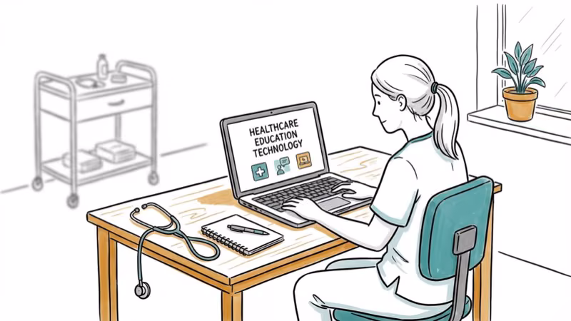 Nursing student using laptop in clinical setting with stethoscope nearby