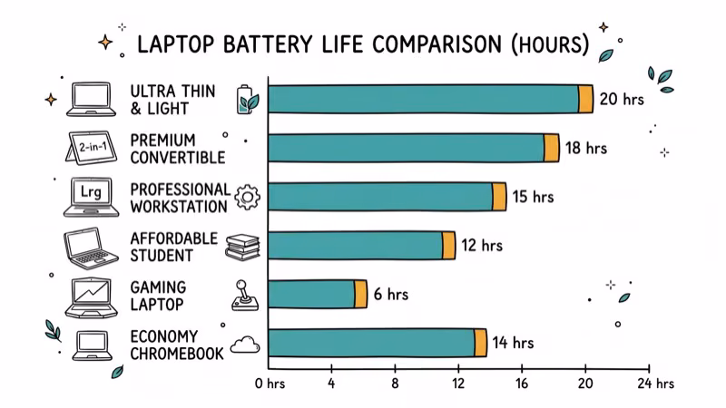 Battery life comparison bars for different teacher laptops showing hours