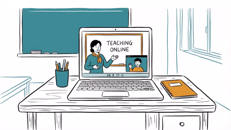 Laptop on classroom desk with video call showing online teaching session