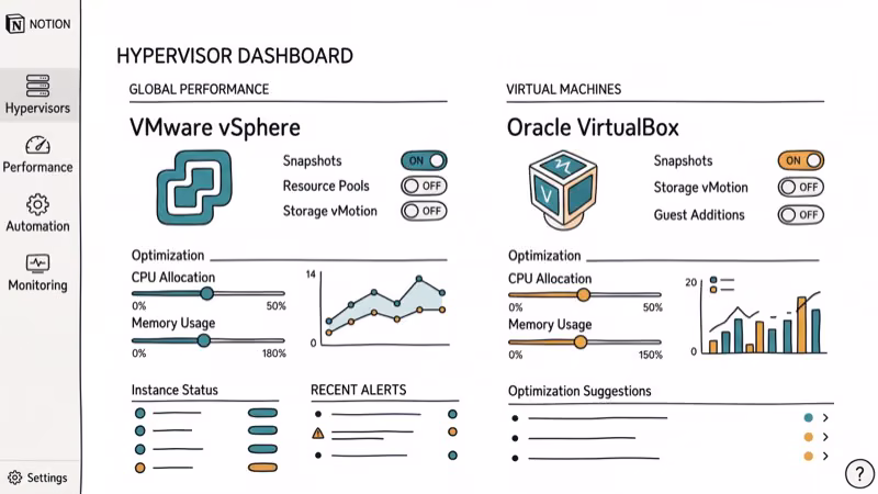 Hypervisor dashboard with VMware and VirtualBox icons and optimization settings