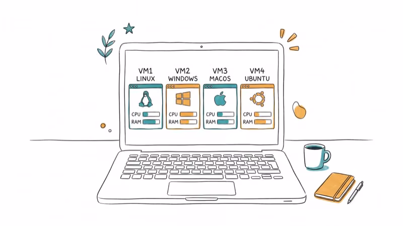 Laptop running multiple virtual machine windows with performance gauges and OS icons