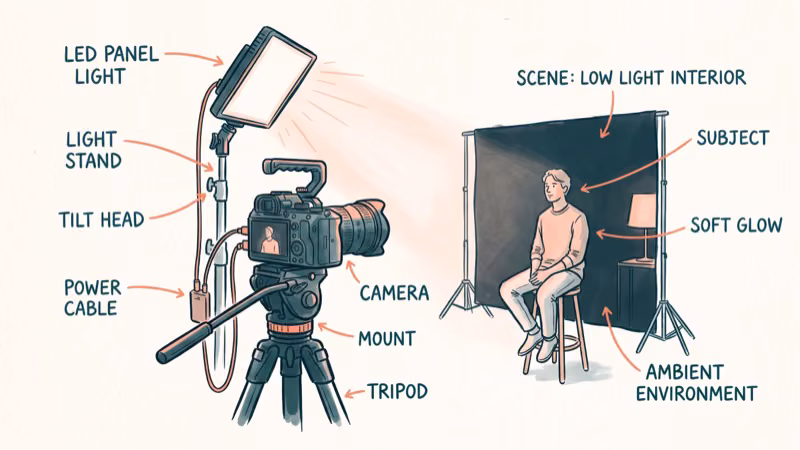 Video production lighting setup with LED panels and reflectors in dim room