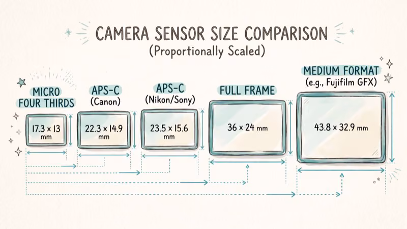 Comparison of full-frame APS-C and Micro Four Thirds camera sensor sizes