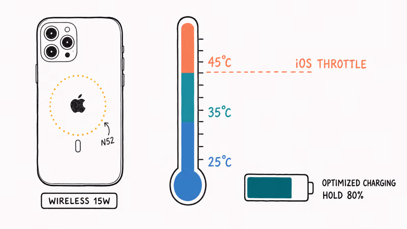 iPhone MagSafe magnet ring beside thermometer marking the 45 degree iOS throttle threshold