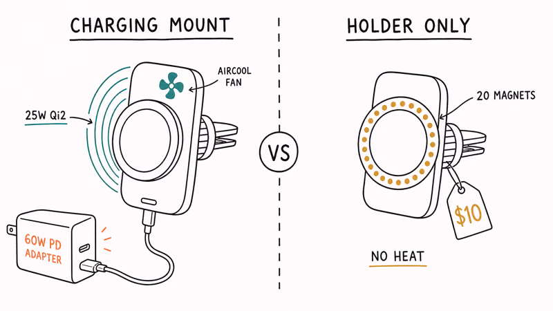 Two MagSafe car mounts side by side showing wireless charging mount versus holder-only vent mount