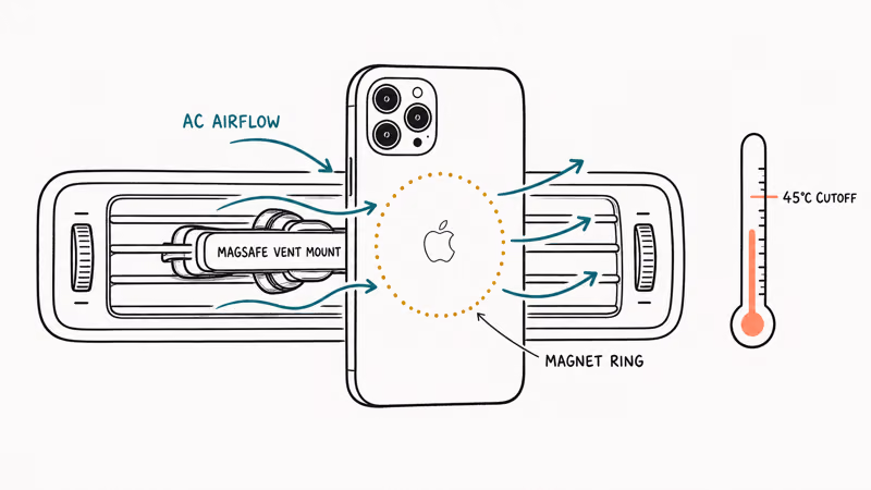 MagSafe vent car mount with AC airflow cooling the magnet ring below 45 degrees