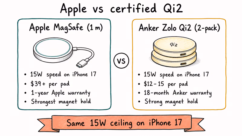 Hand-drawn comparison cards weighing Apple MagSafe puck against Anker Zolo Qi2 two-pack on speed and price