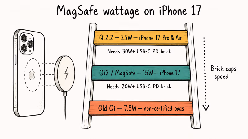 Hand-drawn ladder showing iPhone 17 MagSafe wireless charging tiers from 7.5W up to 25W