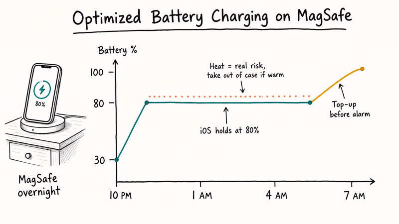 Hand-drawn overnight battery curve showing iPhone 17 holding at eighty percent before topping up before wake