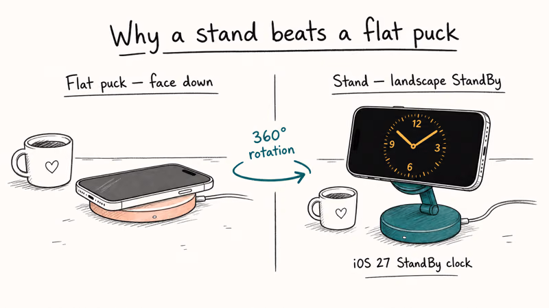 Side-by-side sketch comparing flat MagSafe puck against rotating stand showing iPhone landscape StandBy clock