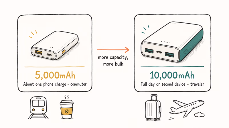 Two power bank sizes showing 5,000mAh versus 10,000mAh capacity for daily routines