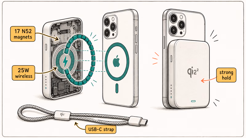 UGREEN MagFlow magnet array gripping an iPhone with 25W wireless charging label