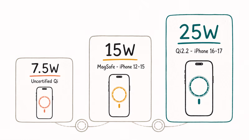 Comparison of three MagSafe wireless charging speed tiers from 7.5W to 25W