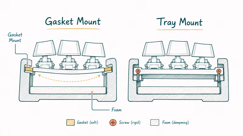 Cut away contrast of gasket mount and tray mount keyboard cases showing plate suspension differences